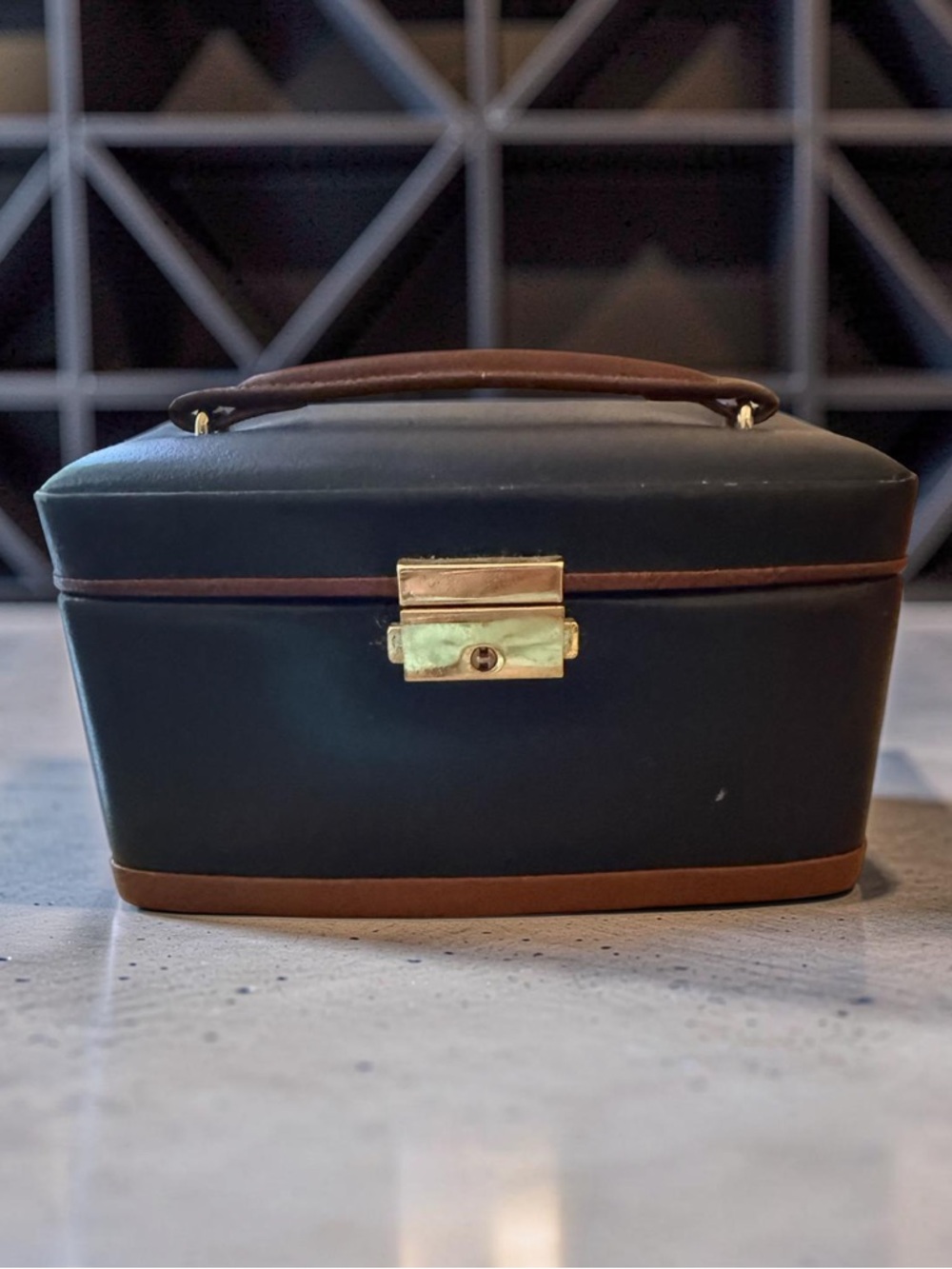 Navy blue and Brown Travel jewelry case with Gold Lock Vintage